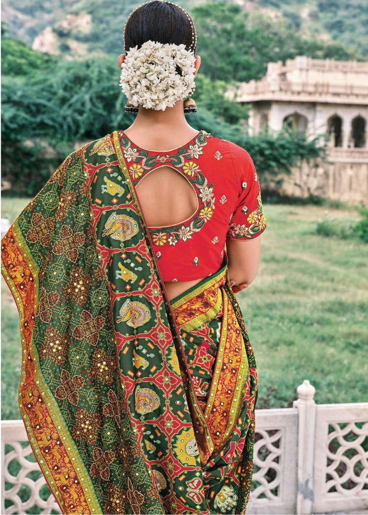 Pine Green Bandhej Patola Silk Saree with Embroidered Blouse