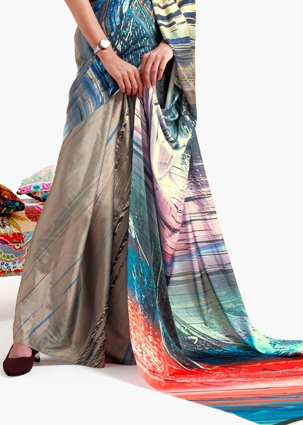 Camel Brown Printed Satin Crepe Saree