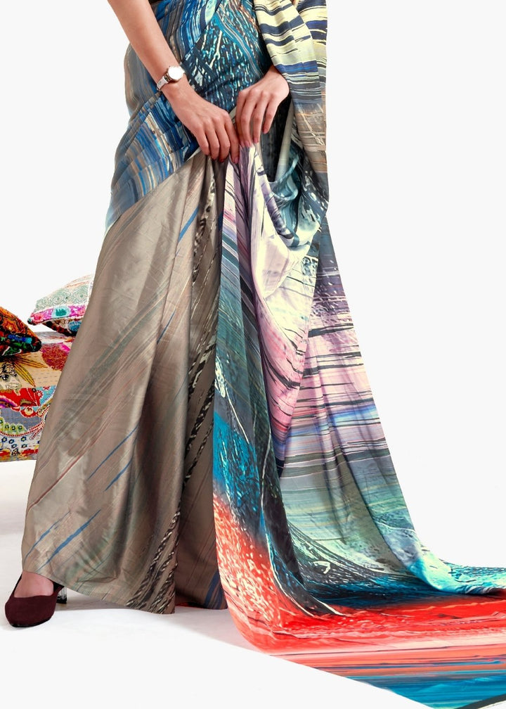 Camel Brown Printed Satin Crepe Saree