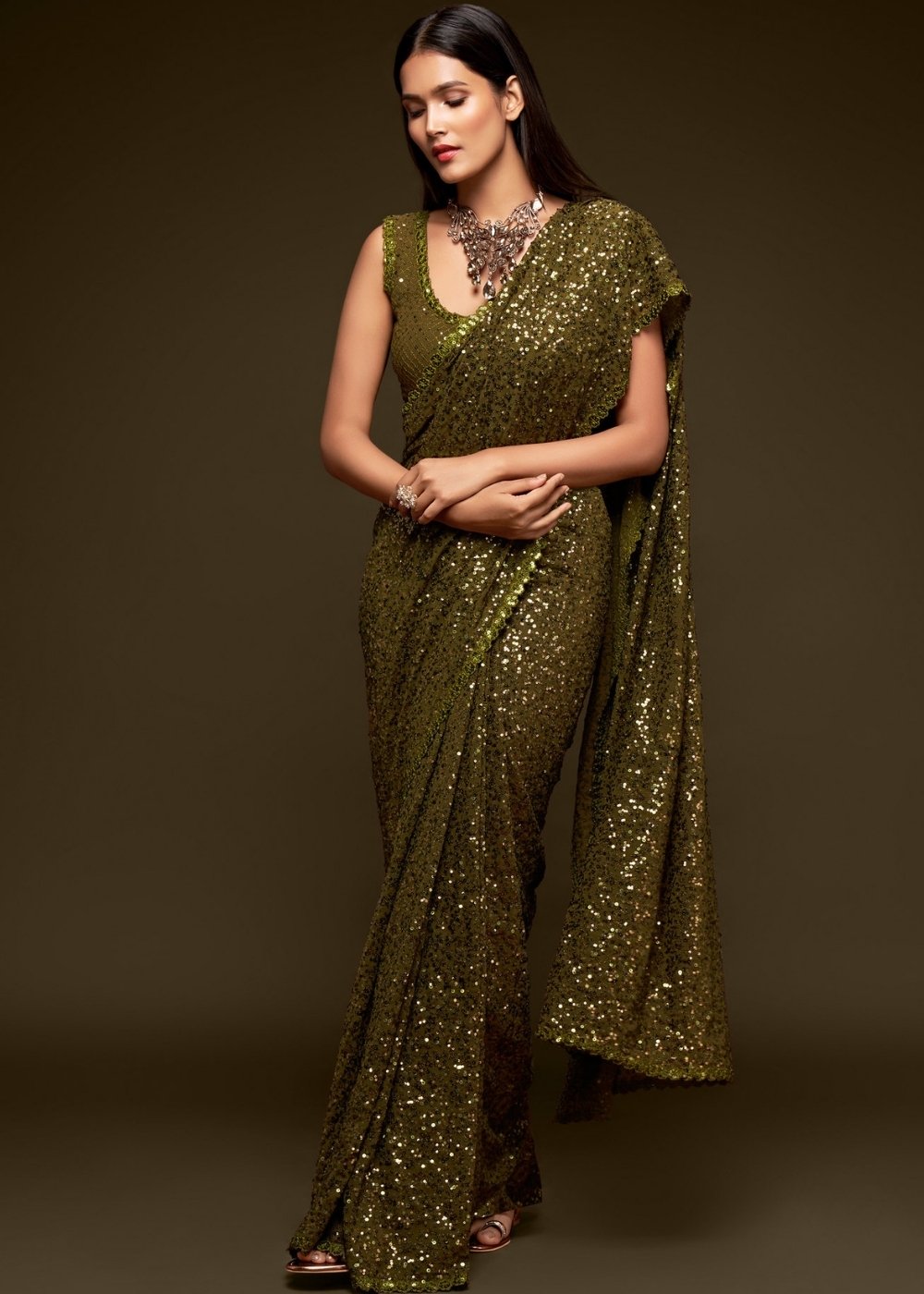 Army Green Designer Georgette Saree