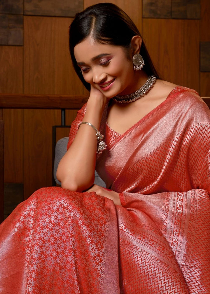 Indian Red Silver Zari work Kanjivaram Silk Saree