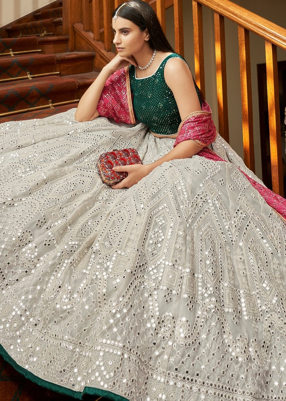Silver Grey Organza Lehenga with Sequins, Gota, Mirror & Resham work