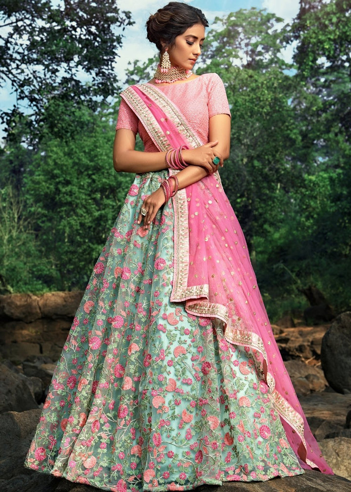 Pista Green & Pink Designer Soft Net Lehenga Choli with Sequins, Thread & Zari work : Top Pick