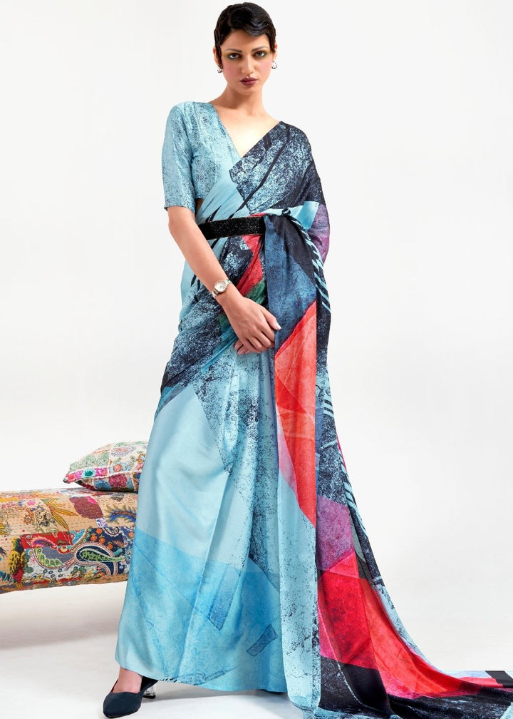 Sky Blue Printed Satin Crepe Saree