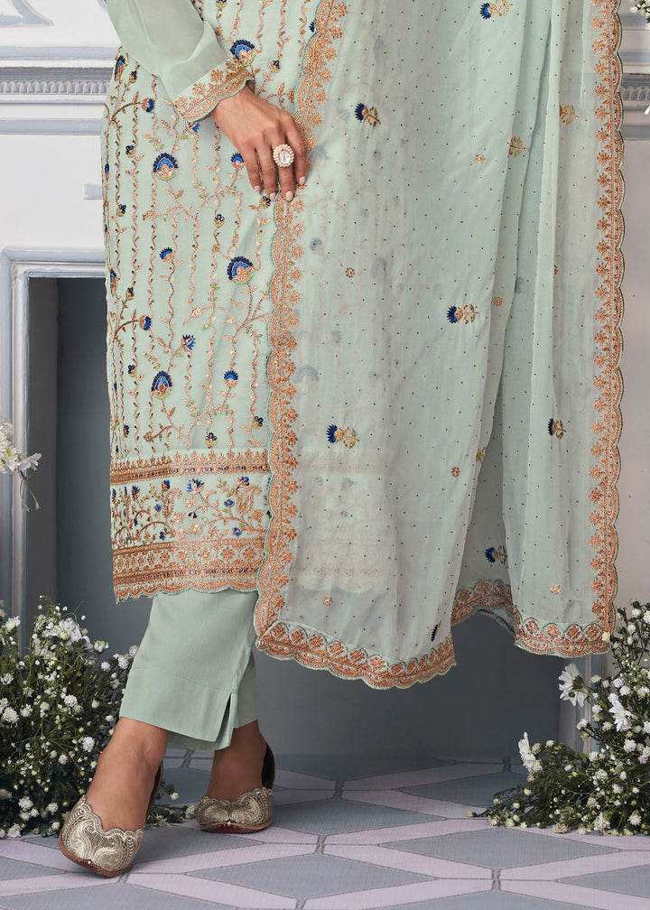 Coral Blue Organza Silk Embroidered Salwar Suit
