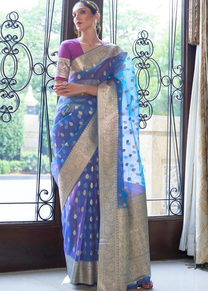 Egyptian Blue Organza Silk Saree