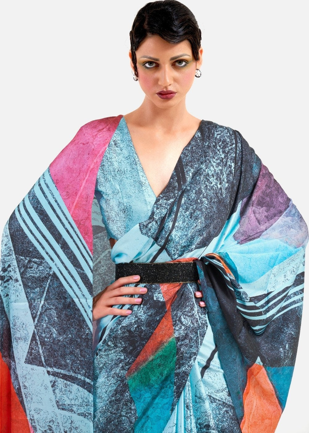 Sky Blue Printed Satin Crepe Saree