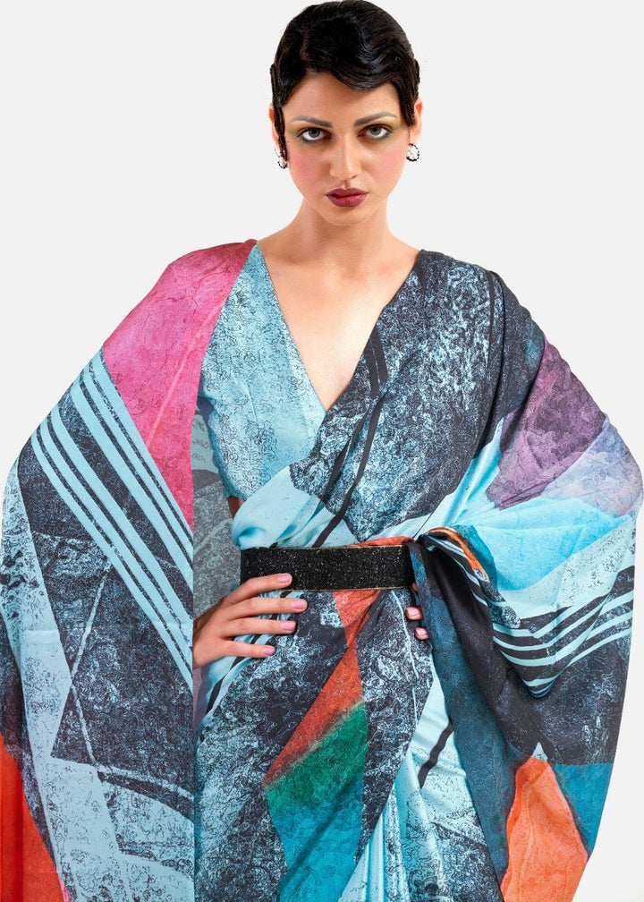 Sky Blue Printed Satin Crepe Saree
