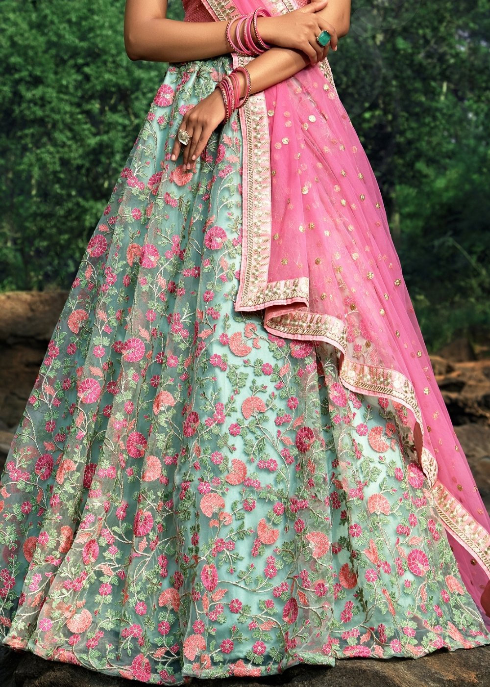 Pista Green & Pink Designer Soft Net Lehenga Choli with Sequins, Thread & Zari work : Top Pick