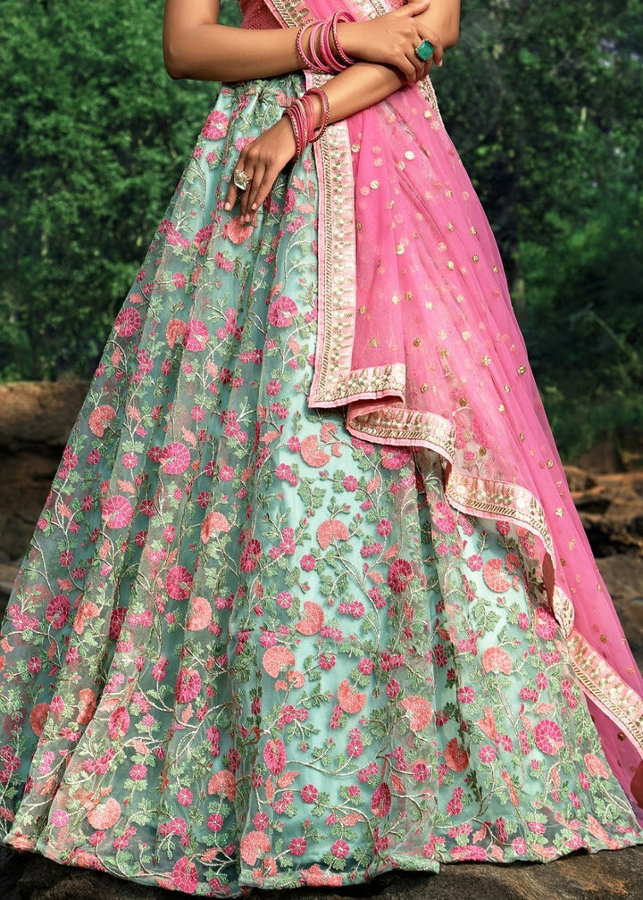 Pista Green & Pink Designer Soft Net Lehenga Choli with Sequins, Thread & Zari work : Top Pick