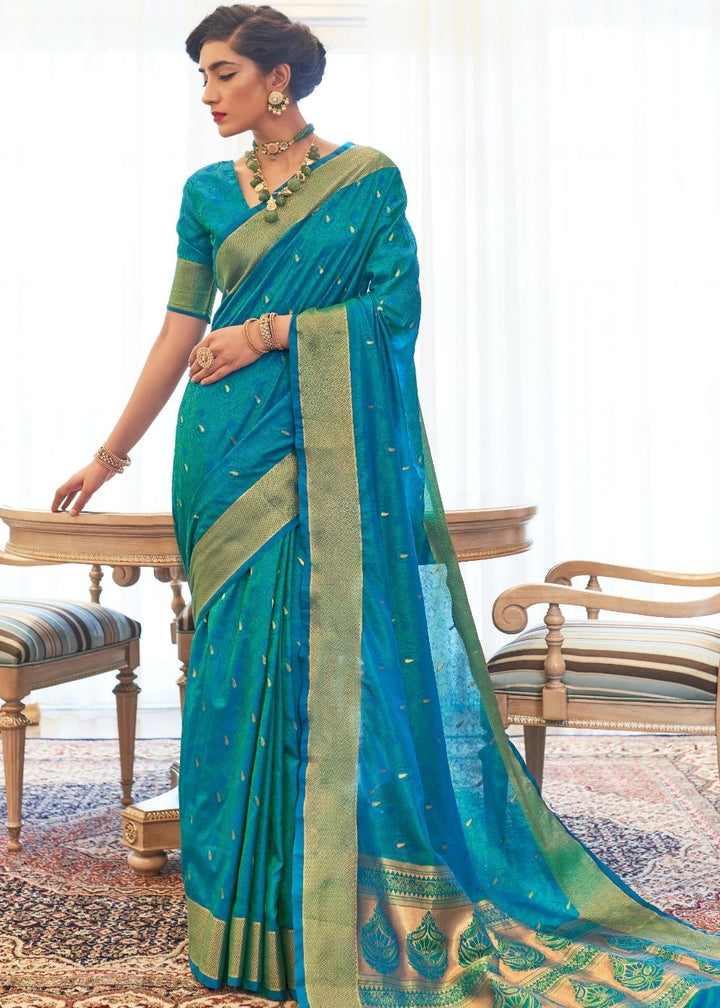 Cerulean Blue Ultra Soft Kanjivaram Silk Saree with Zari  Border and Pallu