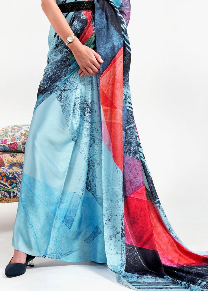 Sky Blue Printed Satin Crepe Saree