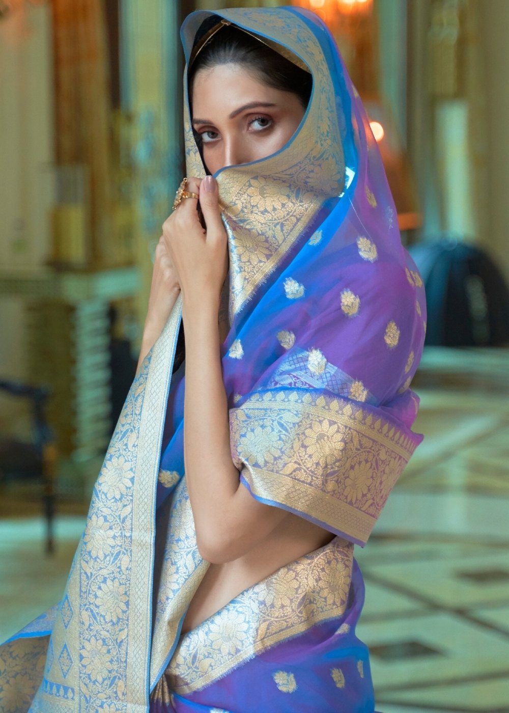 Egyptian Blue Organza Silk Saree