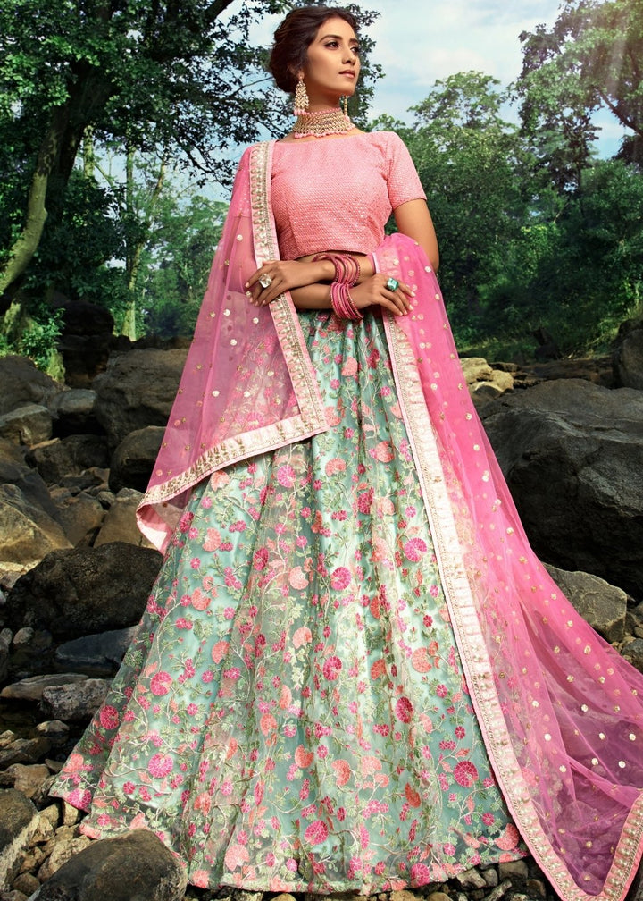 Pista Green & Pink Designer Soft Net Lehenga Choli with Sequins, Thread & Zari work : Top Pick