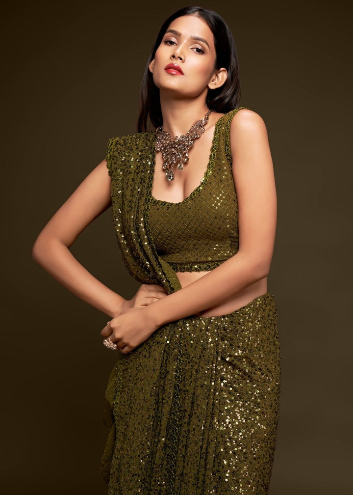 Army Green Designer Georgette Saree