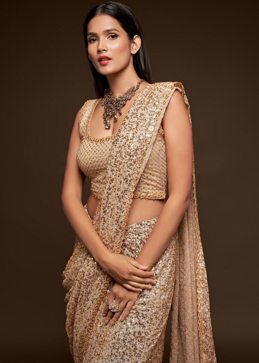 Ivory White Designer Georgette Saree