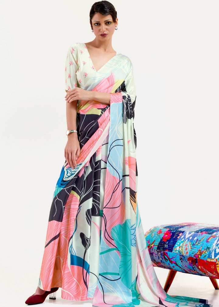 Multi Colored Printed Satin Crepe Saree