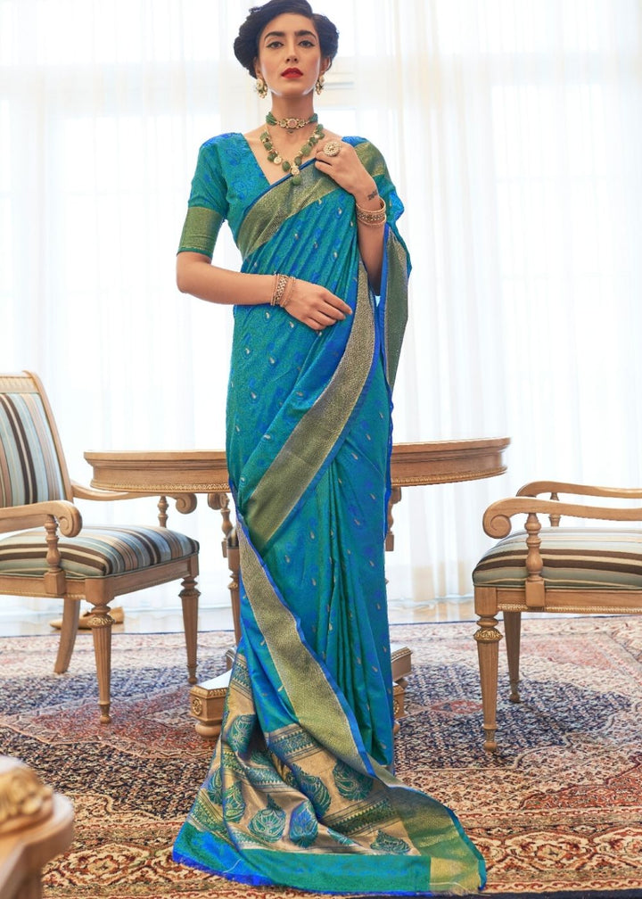 Cerulean Blue Ultra Soft Kanjivaram Silk Saree with Zari  Border and Pallu