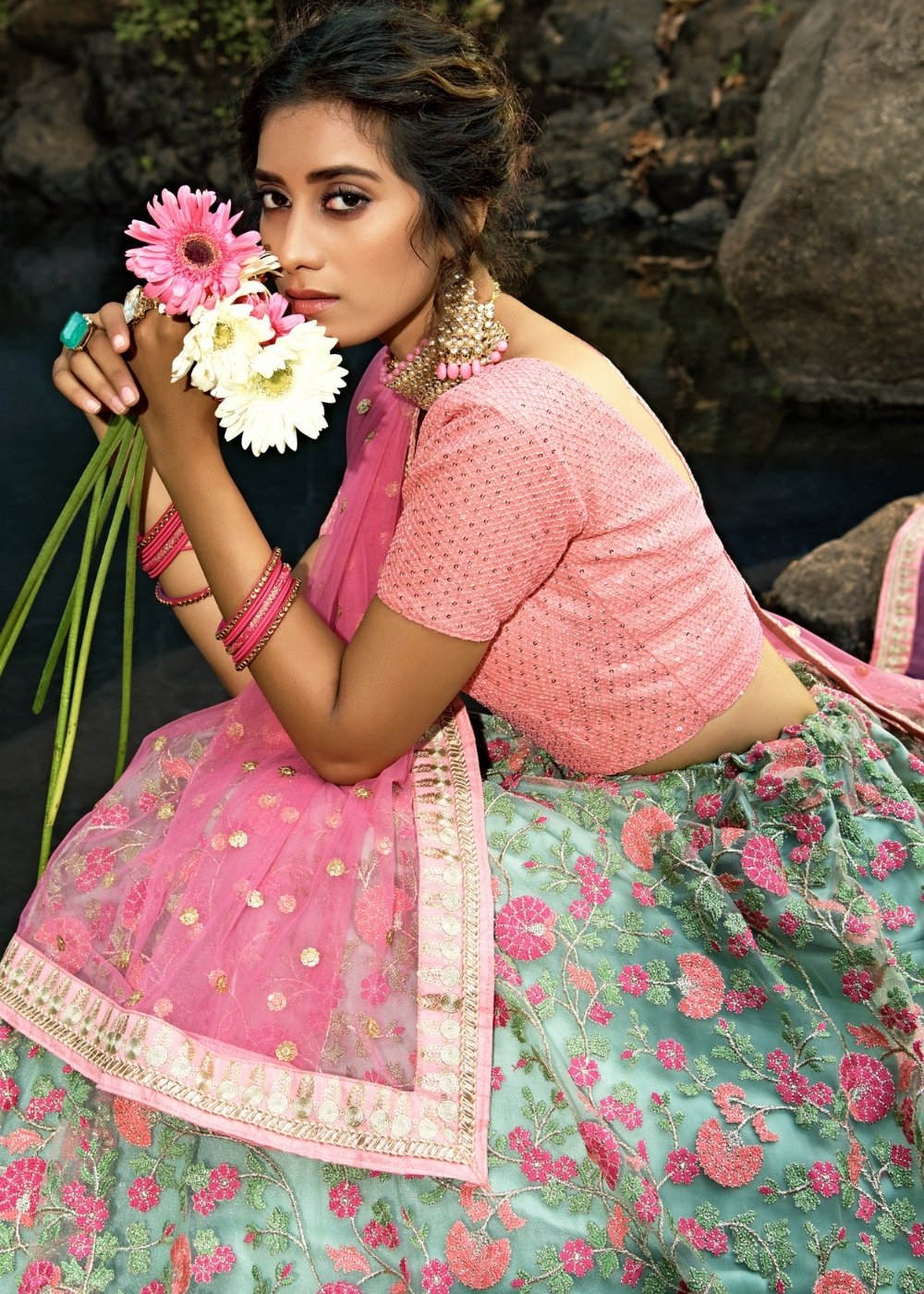 Pista Green & Pink Designer Soft Net Lehenga Choli with Sequins, Thread & Zari work : Top Pick