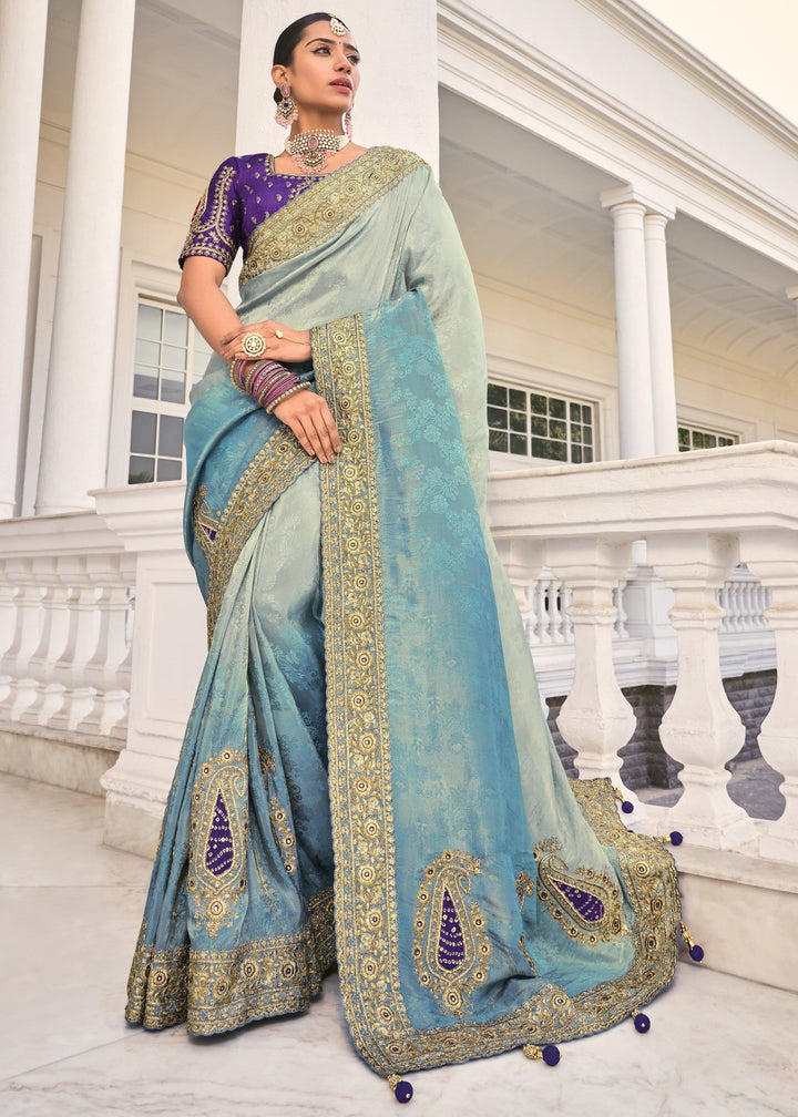 Grey Blue Crepe Silk Saree