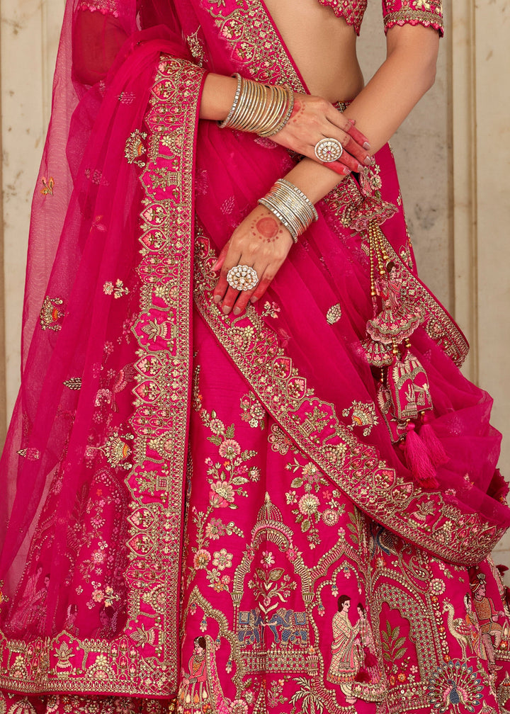 Raspberry Pink Heavy Bridal Silk Lehenga With Khatli And Embroidery Work