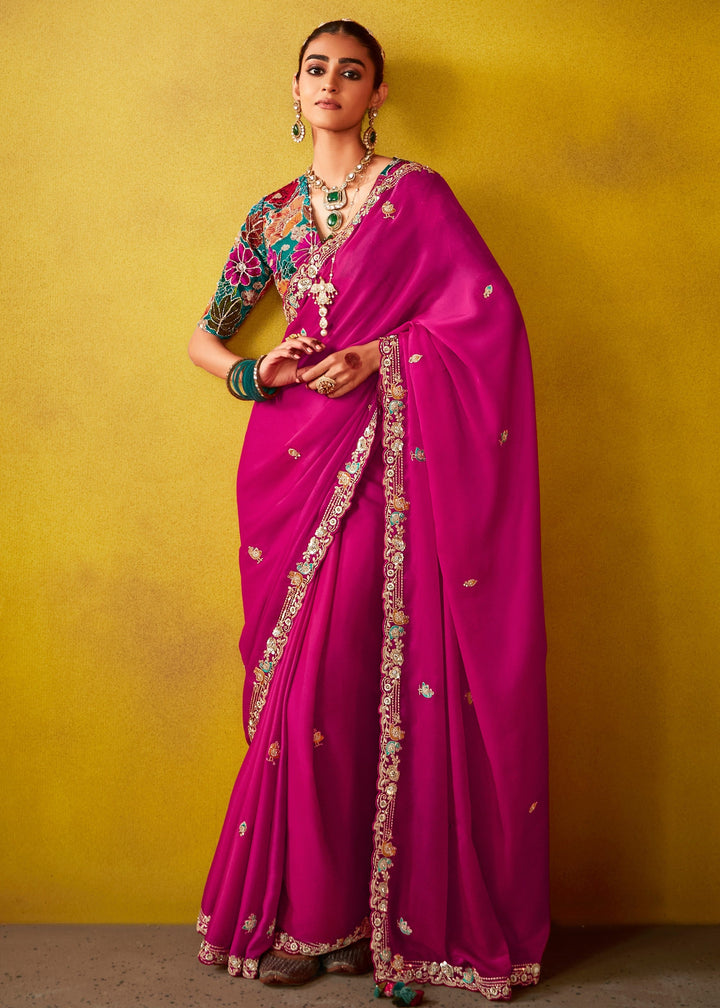 Barbie Pink Glass Tissue Silk Saree