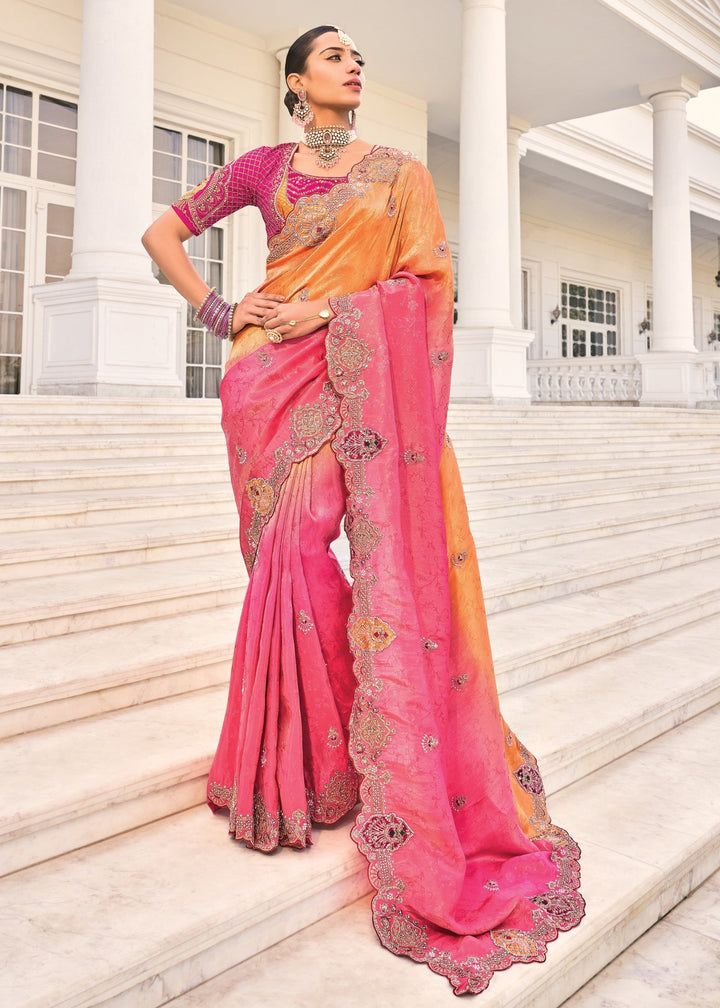 Orange Pink Crepe Silk Saree