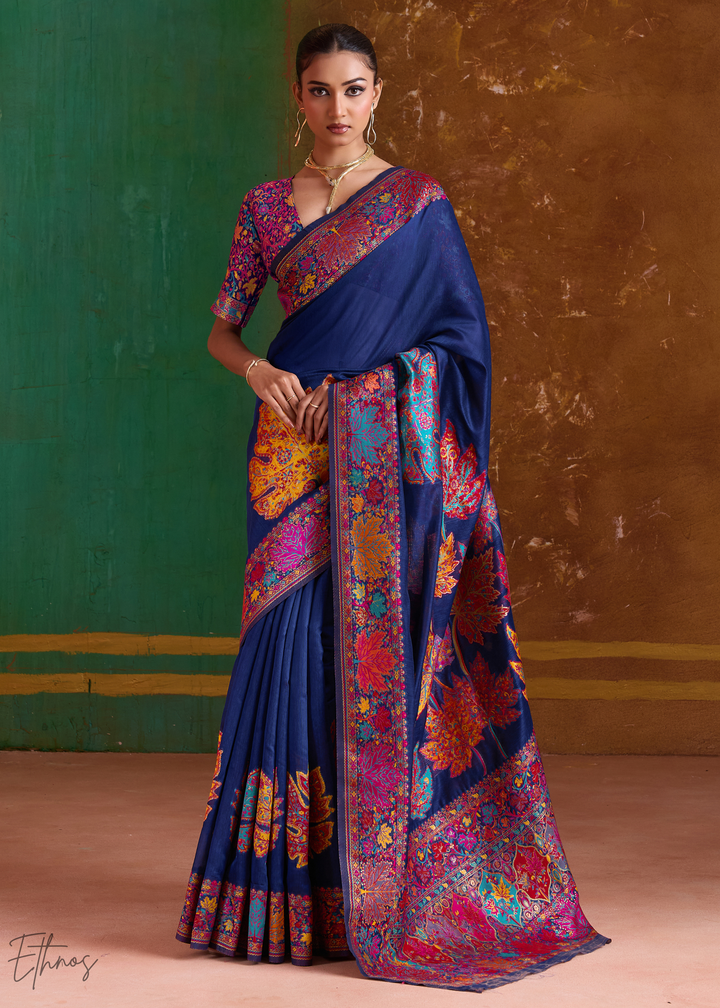 Navy Blue with Multicolour Floral Weave Saree
