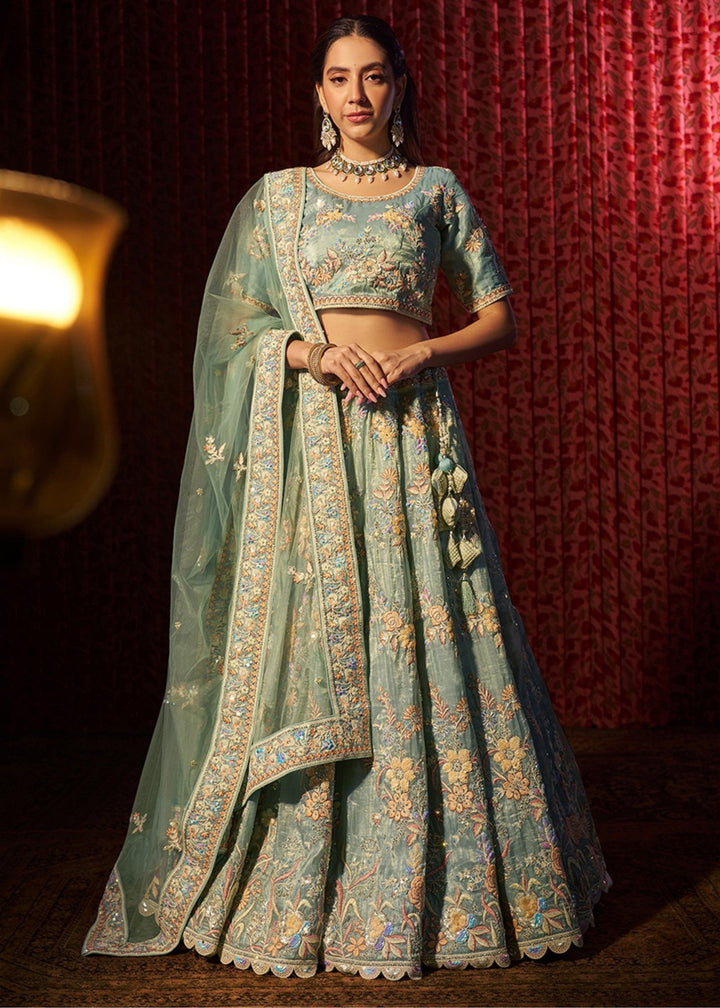 Torquise Dori Sequins Thread work Organza Lehenga