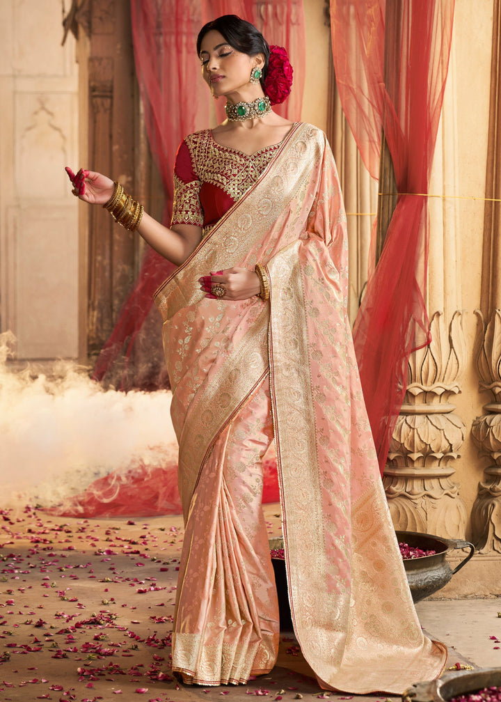 Peach Pink Satin Silk Saree