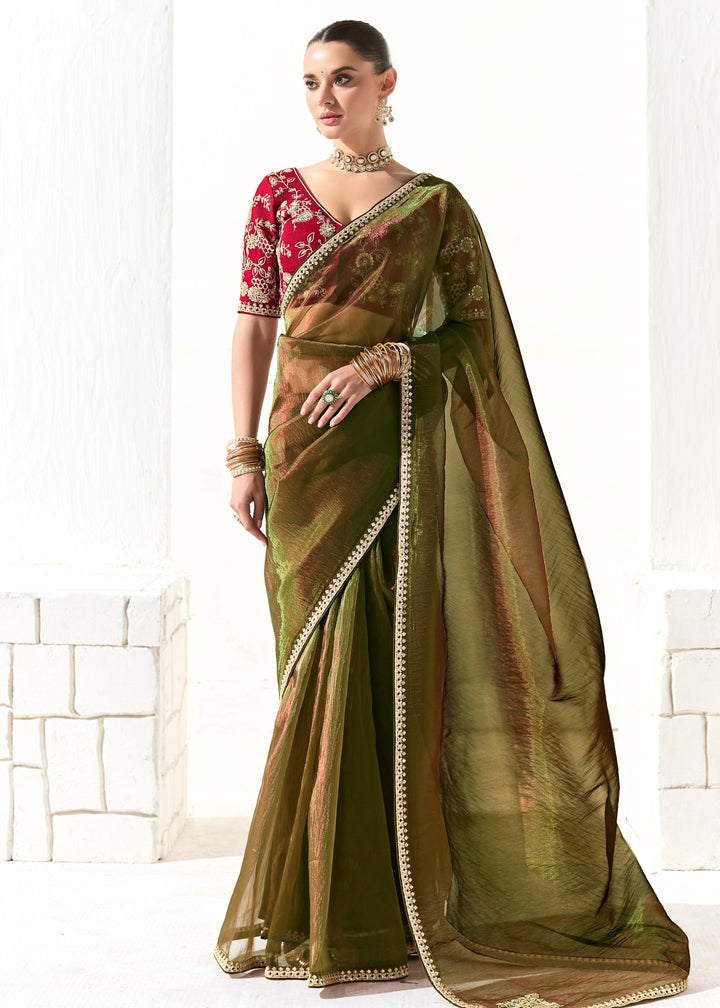 Army Green Organza Tissue Silk Saree
