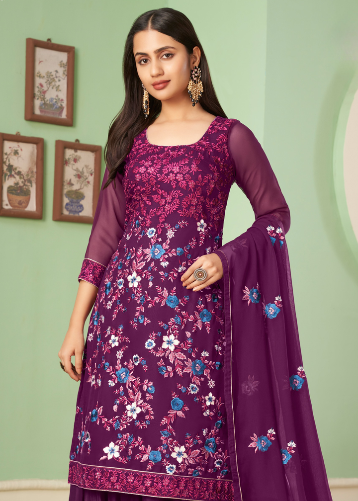 Byzantine Purple Georgette Salwar Suit with Multi Colour Thread Embroidery & Sequence work