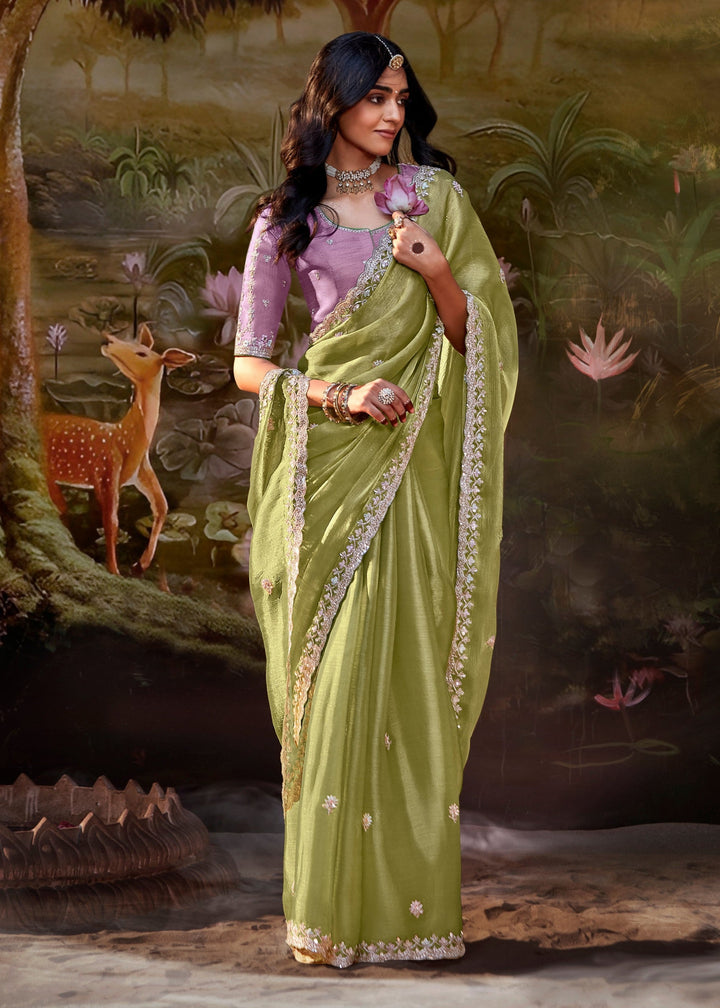 Lavender And Olive Green Cotton Silk Saree
