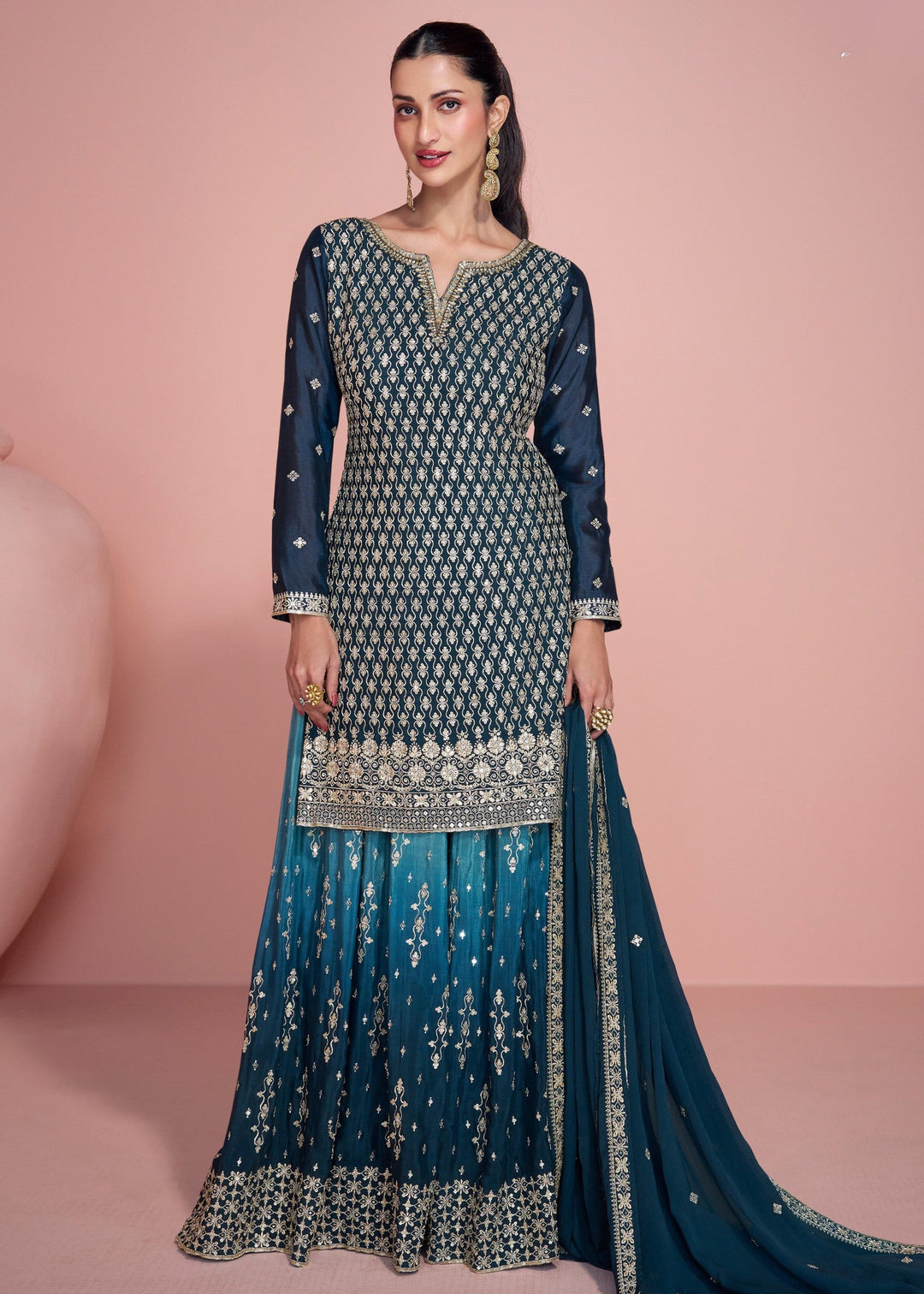 Spruce Blue Chinnon Silk Plazo Suit With Thread Embroidered Work