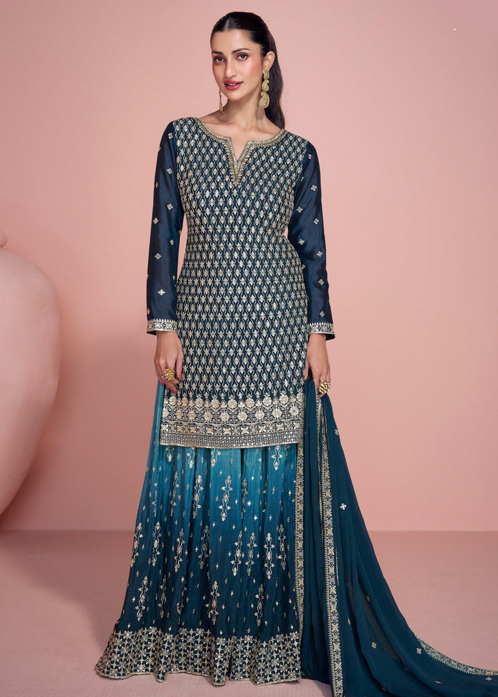 Spruce Blue Chinnon Silk Plazo Suit With Thread Embroidered Work