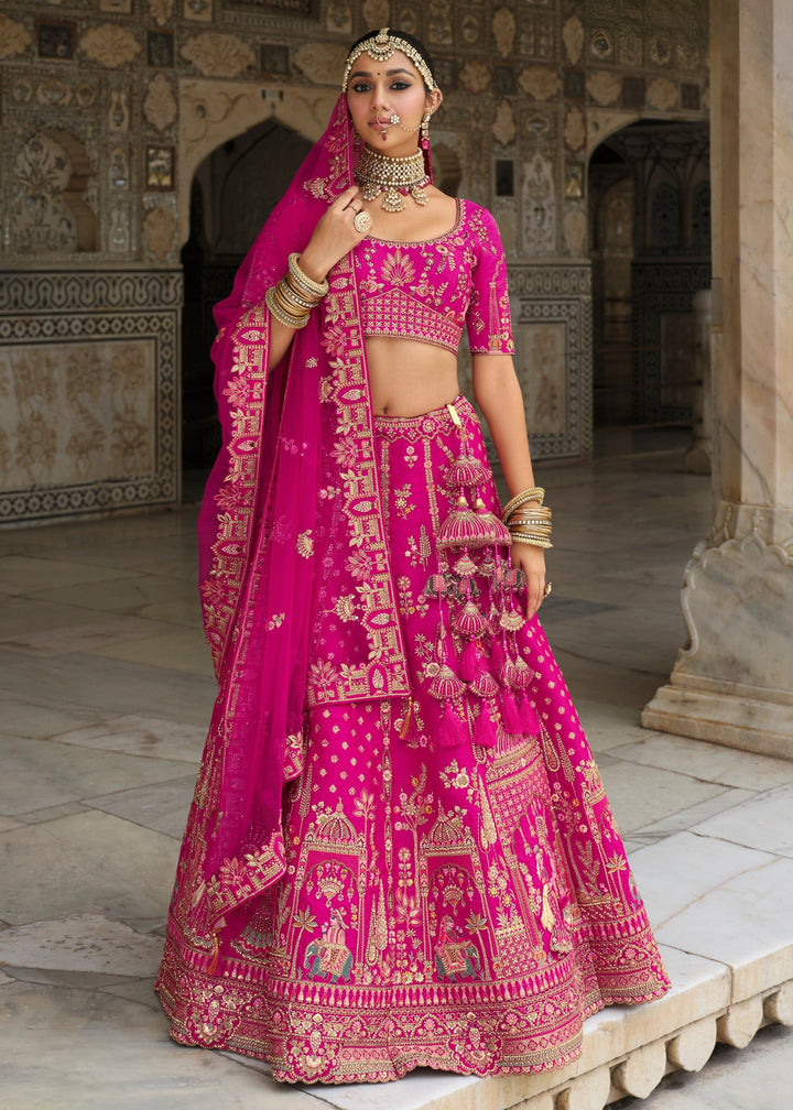 Bright Pink Heavy Bridal Silk Lehenga With Khatli And Embroidery Work