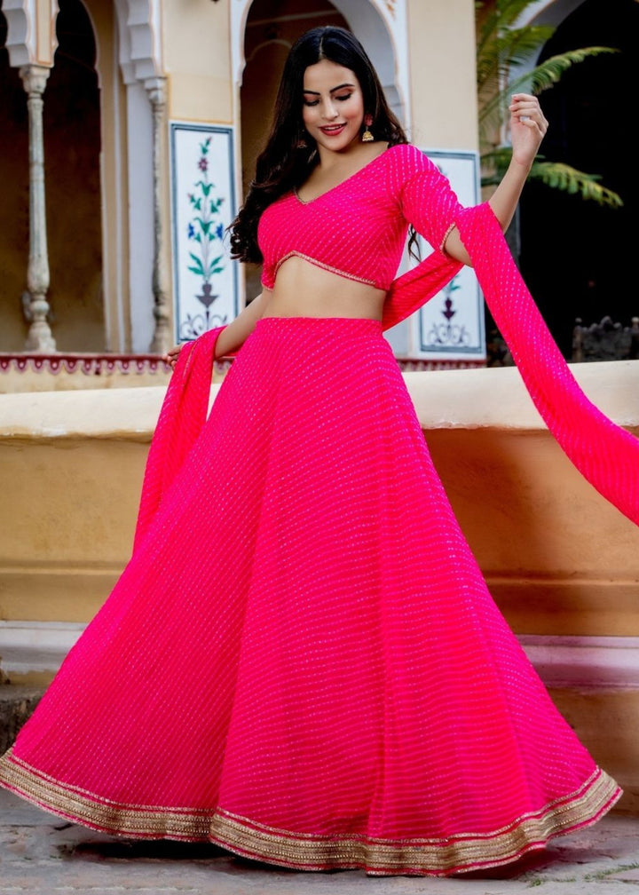 Hot Pink Georgette Leheriya Print Lehenga With Zari And Lace Work
