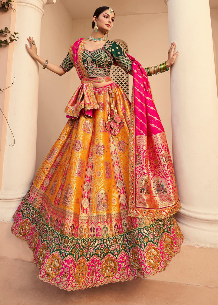 Warm Orange Banarasi Silk Lehenga With Golden Zari Work