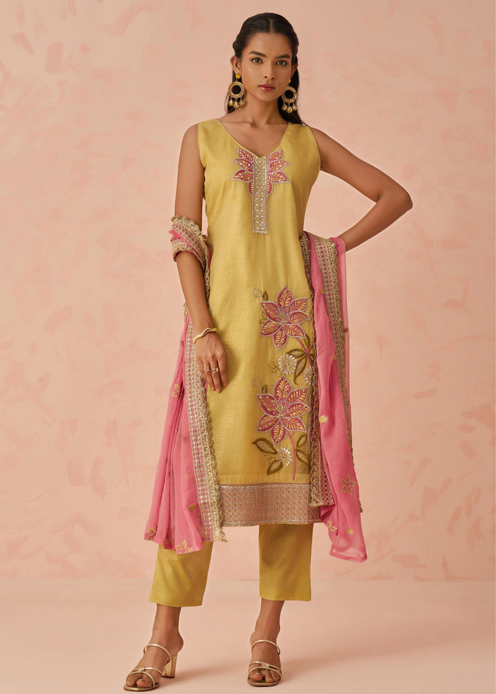 Tuscany Yellow Embroidered Silk Salwar Suit