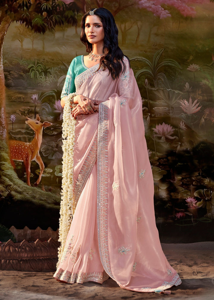 Aqua Green And Light Pink Saree With Embroidery And Handwork Designer Cut Border