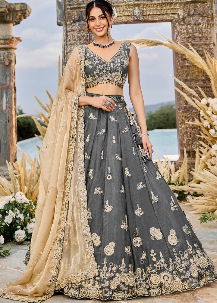 Grey Tissue Lehenga Choli with Beads & Sequince Embroidered