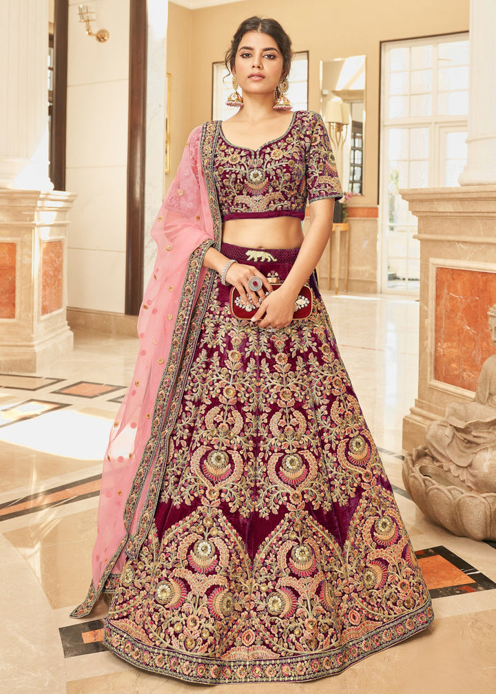 Maroon Red Velvet Lehenga Choli