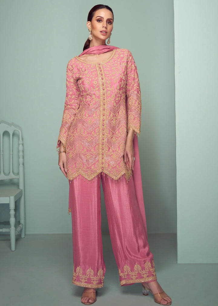 Blush Pink Chinnon Silk Plazo Suit With Thread Embroidery