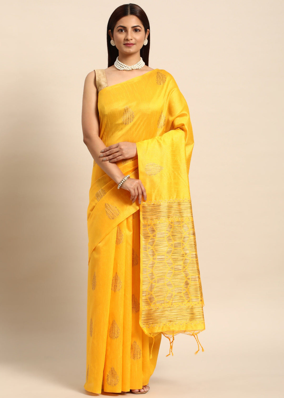 Golden Yellow Denim Blue Woven Handloom Raw Silk Saree