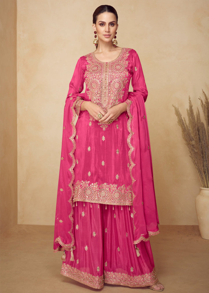 Rose Pink Chinon Palazzo Silk Suit With Beautiful Embroidery Work