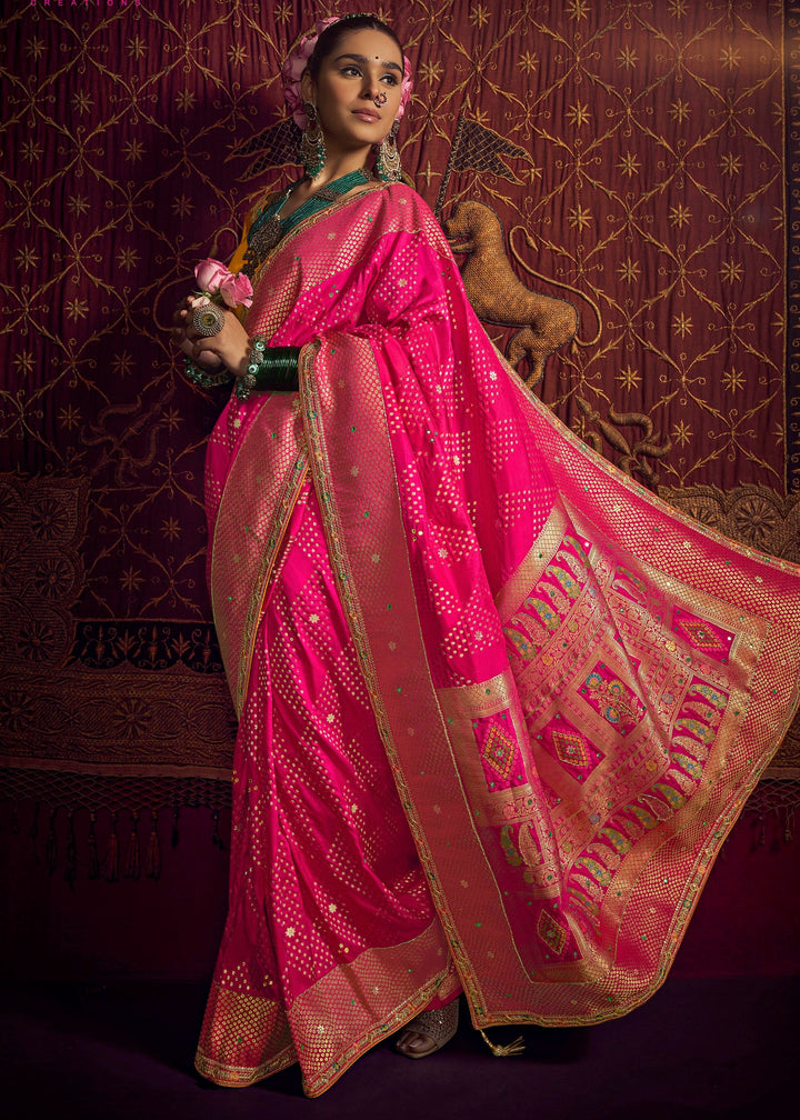 Brink Pink Pure Viscose Dola Silk Saree With Handwork On Blouse And Pallu