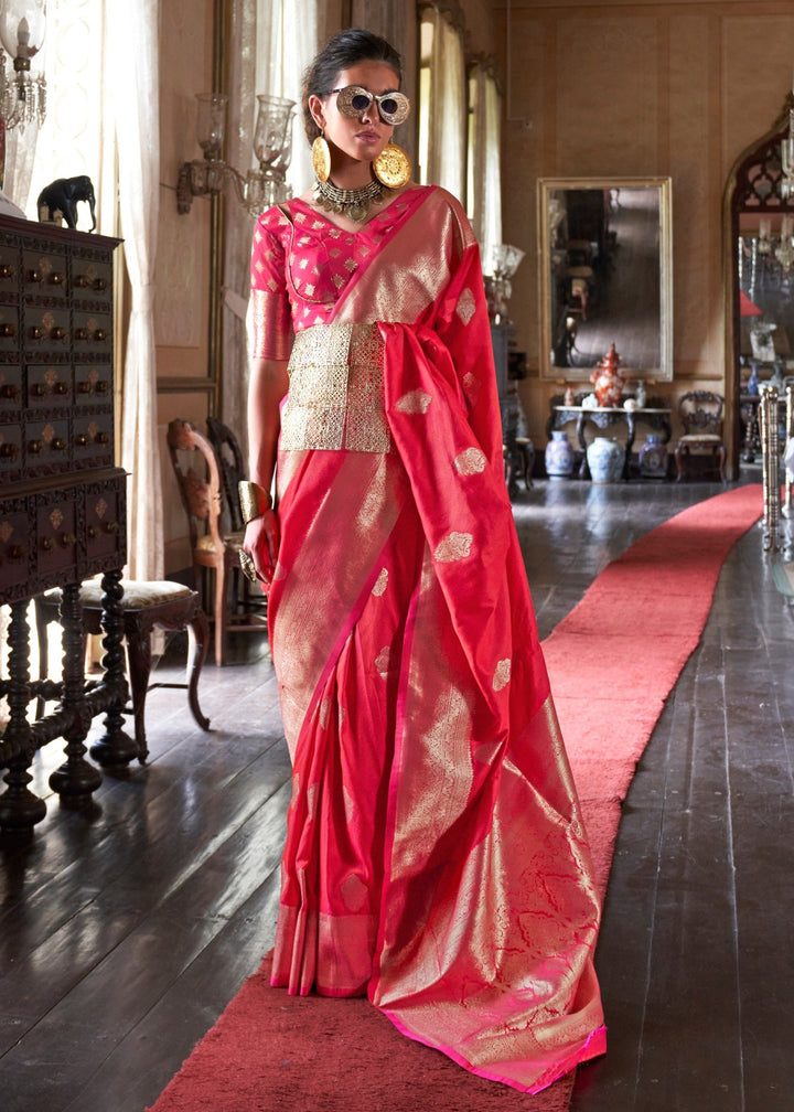 Bright Pink Two Tone Handloom Weaving Silk Saree