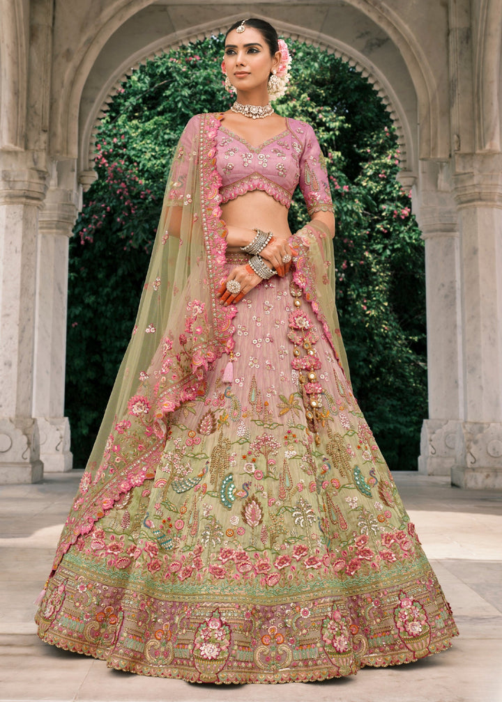 Pistachio Green Fancy Silk Lehenga Choli With Cut Work Embroidery Border & Stone Work