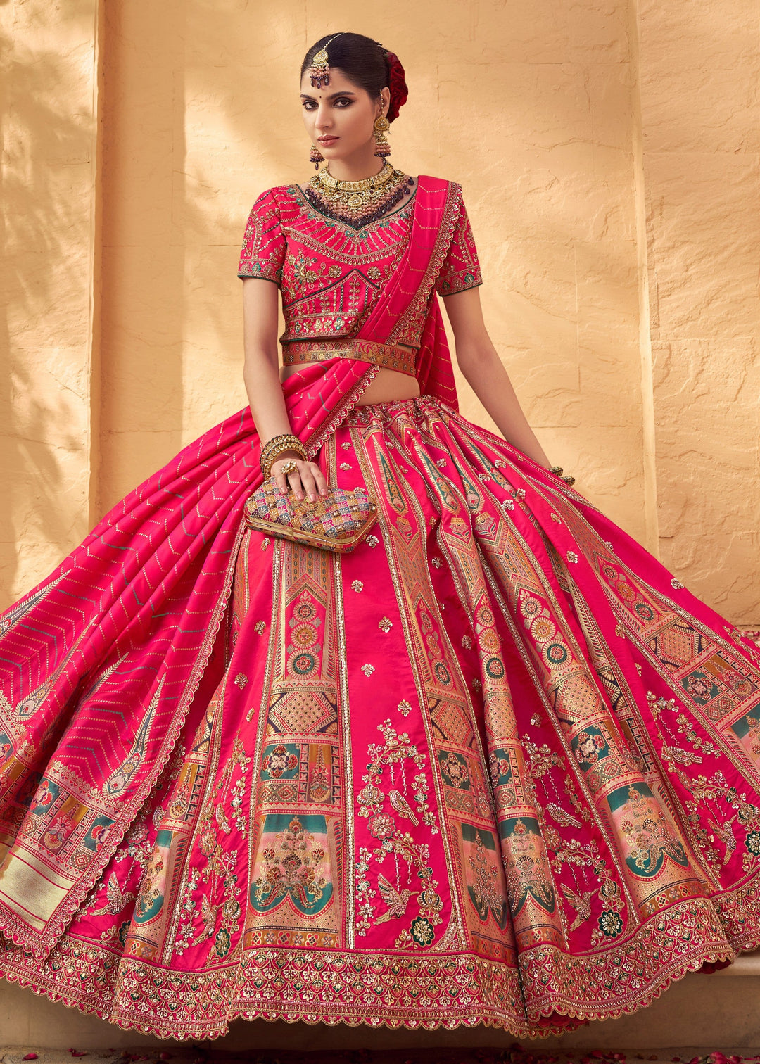 Neon Pink Banarasi Silk Lehenga Choli With Zarkan And Cut Work