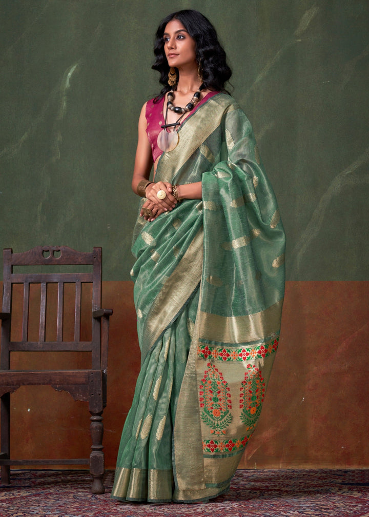 Jade Green Paithani Tissue Silk Saree With Zari Work